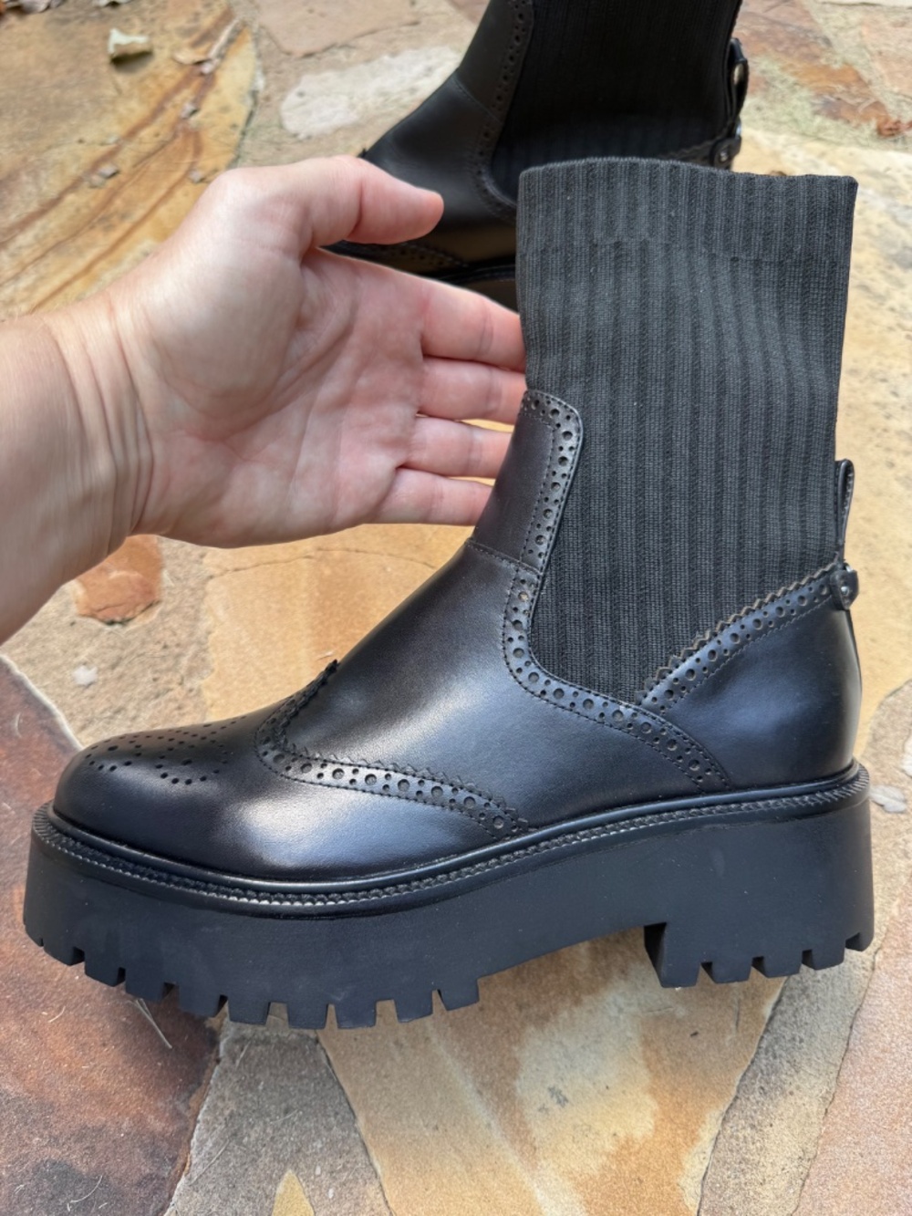 Sam Edelman Elly Black Leather Lug-Sole Sock Boots Size 8.5 - Picture 3 of 12